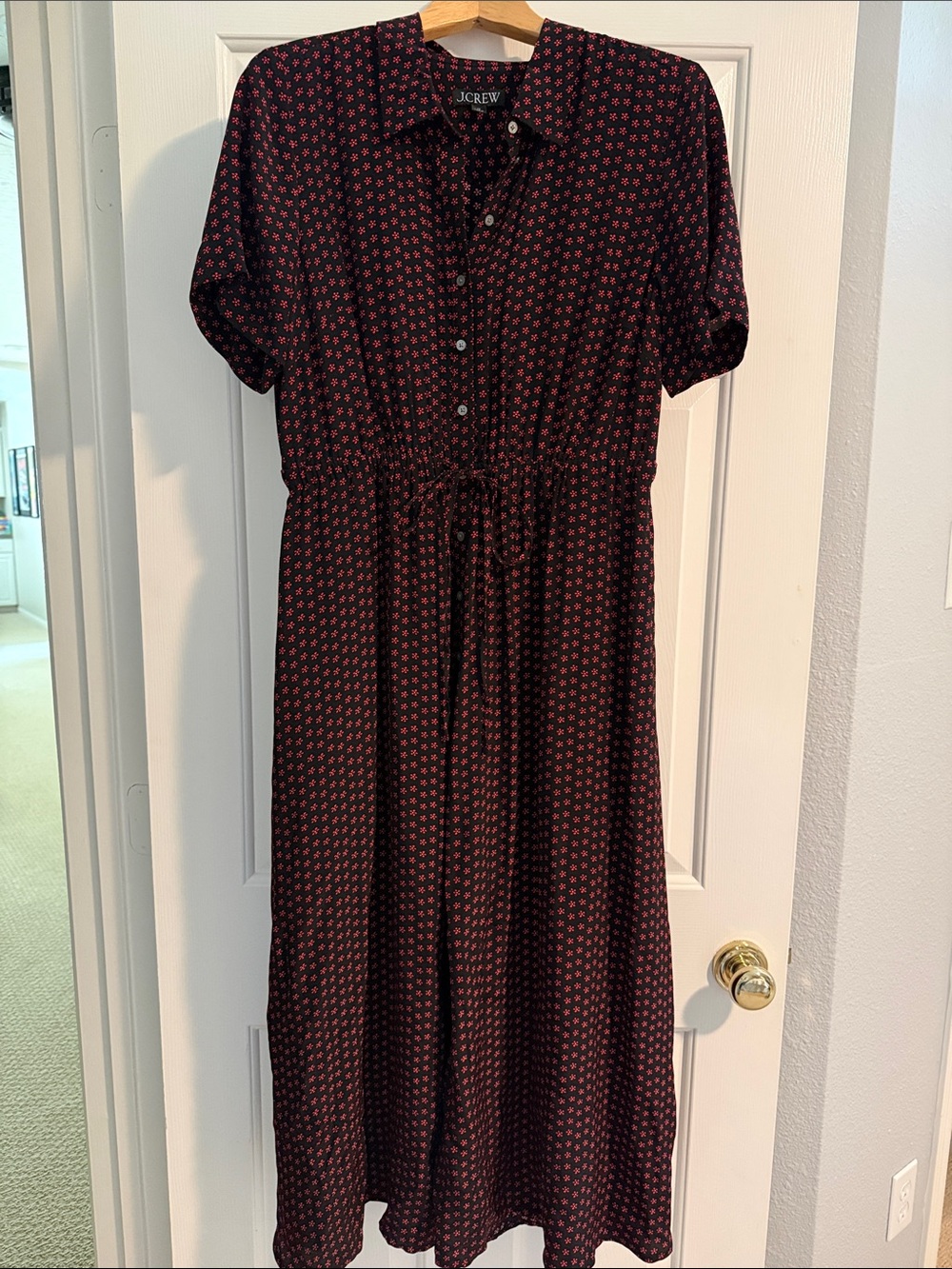 J. Crew Black Midi Shirt Dress with Red Microprint
